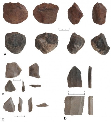 Figure 6. A: Site 774, Lower Palaeolithic, pebble cores; B: site 785, Middle Palaeolithic, preferential Levallois core, Levallois point; C: site 786, Middle Palaeolithic, centripetal flake; D: site 776, Chalcolithic, burin, blade fragment.